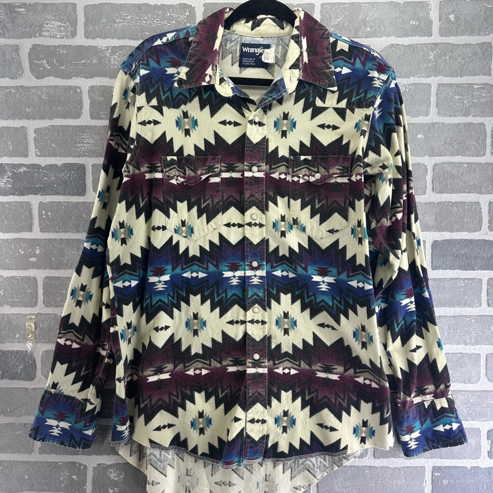 Wrangler VTG Brushpopper Southwestern Aztec Western‎ Shirt Mens 17 x 35 Multi
